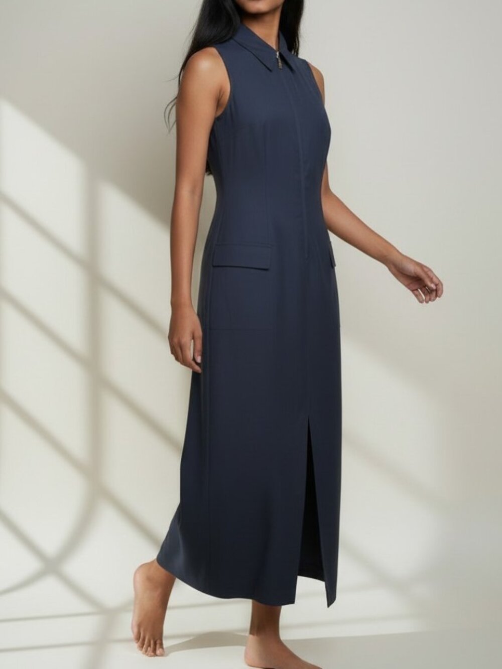 Donna Morgan Linen Blend Navy Blue Zip Front Split Sleeveless Maxi Dress - 10